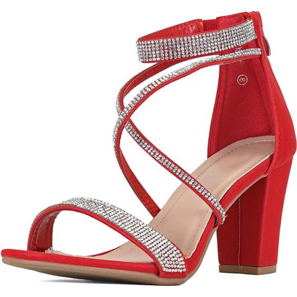 Women's Formal Rhinestone 3" High Heel Sandal Ankle Strap, Faux Leather Sole Red